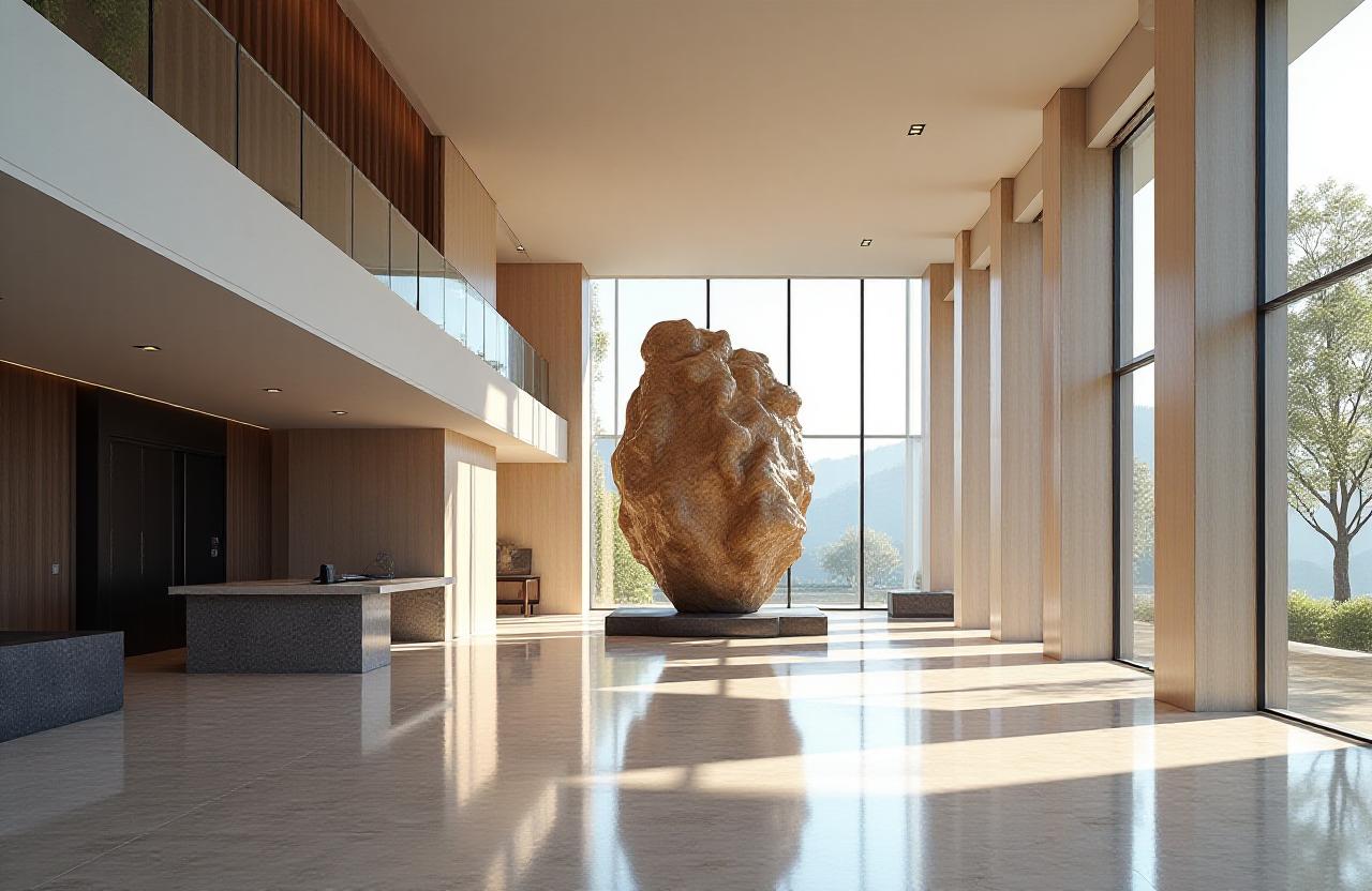 Abstract architectural hotel lobby with avant-garde art installation